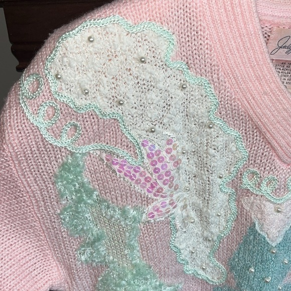 Vintage 1980s Pastel pink beachy mermaid grandma sweater mixed media artsy L - Picture 5 of 12